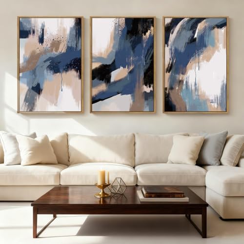 Extra Large Blue Neutral Wall Art Decor Modern Abstract Wall Painting Framed - Image 3