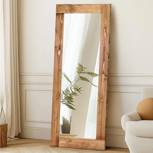 58x24in Full Length Mirror, Solid Wood Convex Frame, Light Brown - Image 7