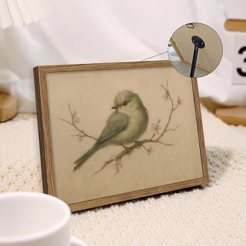 Framed Vintage Bird Canvas Wall Art, Cute Rustic Bird on Peach Blossom Print - Image 2