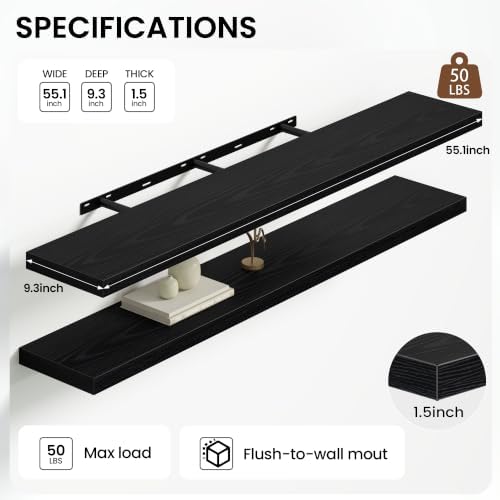 Heimlove Floating Shelves 55.1" W x 9.3" D Black Set of 2 - Image 4