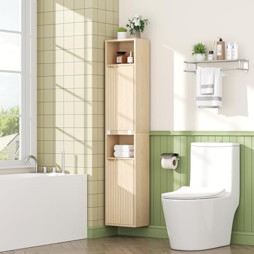 AKMAKM 59.1" Tall Slim Bathroom Storage Cabinet Oak, Freestanding or Wall by Akmakm