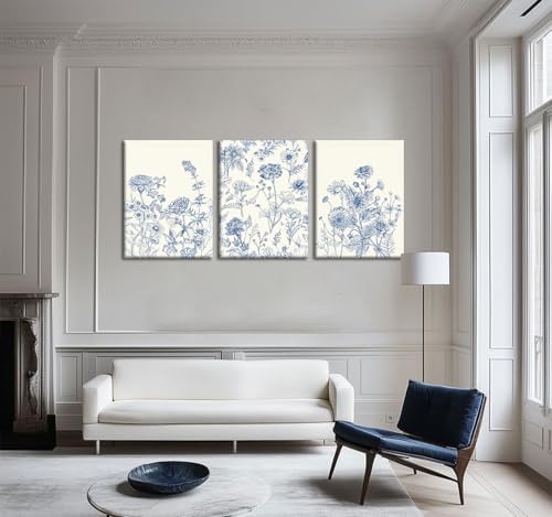 Blue Botanical Canvas Wall Art, 3 Piece Gallery Wrapped Set, 16x24 Inch - Image 2