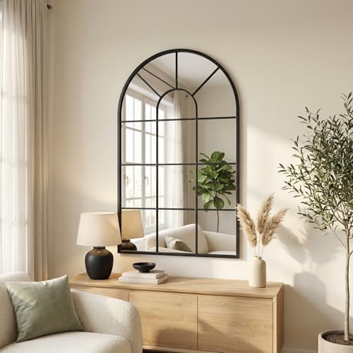 48x28Inch Arched Window Pane Mirror| Black Arched Mirrors by SalkalaDecor