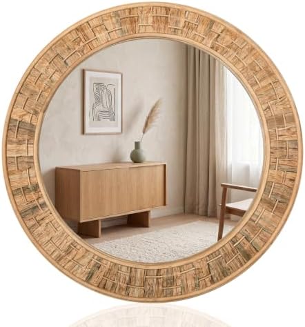 Vercraft 24 Inch Round Rattan Wicker Mirror, Rustic Boho & Farmhouse Style by Vercraft