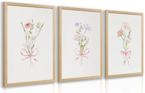YZELY Pink Bow Floral Wall Art Set of 3, Watercolor Wildflower Bouquet Wall by Unknown