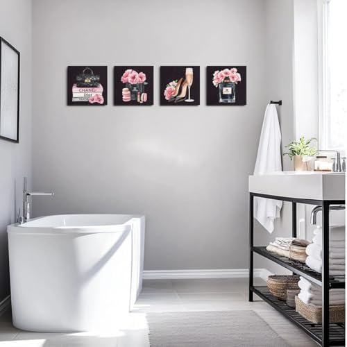 4 Pcs Fashion Canvas Wall Art, Framed Pink and Black Wall Decor 8 x 8 Inch - Image 6