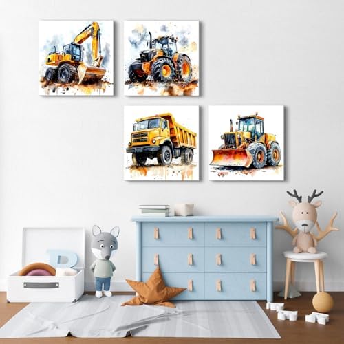 Set of 4 Construction Vehicles Canvas Wall Art Large Boys Room Pictures - Image 3