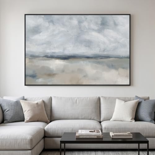 Extra Large Framed Neutral Blue Gray Abstract Wall Art, Horizontal 60x40 In by Cuspin
