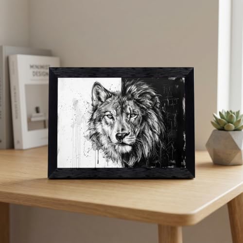 Framed Canvas Wall Art Mixed Media Wolf and Lion Split Face High Contrast - Image 6