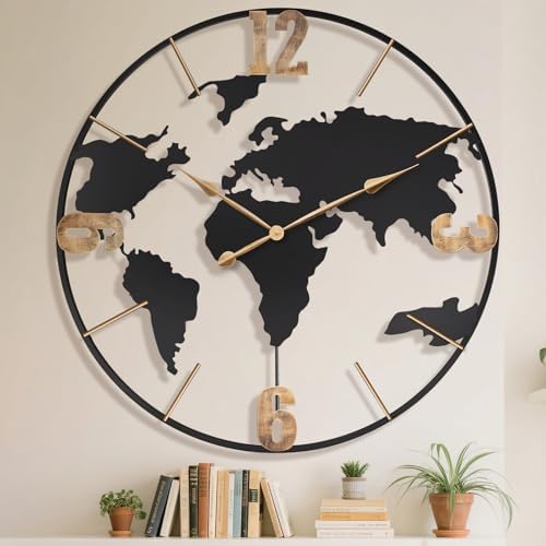 Pytha Sight 36 Inch Large Extra Metal Oversized Arabic World Map Wall Clock by Pytha+Sight