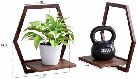 2 Pack Hexagon Wall Plant Stands, 9 Inch Walnut Wood Shelf Coffee - Image 4