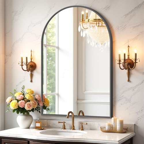 Bathroom Mirror for Wall, 38x26 Inch Arched Mirror, Matte Black Metal Framed by Atilioo