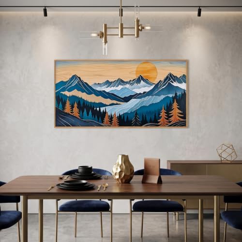 Boho Vintage Mountain Framed Canvas Wall Art Set, Woodcut Pine Tree Landscape - Image 3