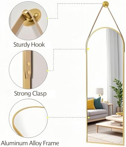 Dewfig 48"x16" Arched Full Length Mirror, Wall Mirror, Leather Strap - Image 5