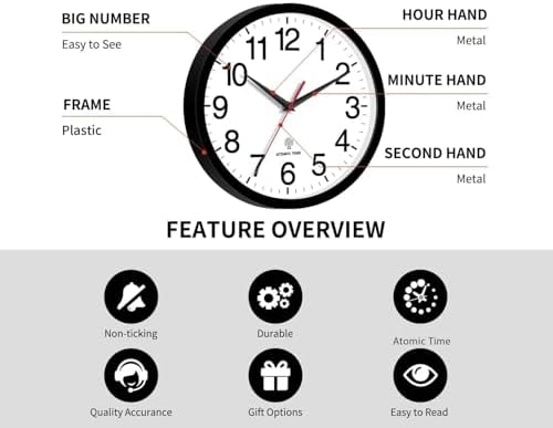 Rohioue Wall Clock Analog 10 Inch Atomic Battery Operated Silent Clock - Image 4