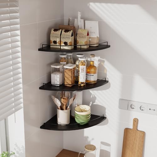 JJL Corner Shelf with Rails, 3-Tier Fan-Shaped Floating Corner Shelf Wall - Image 6