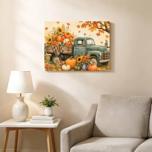 Fall Farmhouse Wall Art For Living Room Vintage Truck Pumpkins Sunflower Maple - Image 2