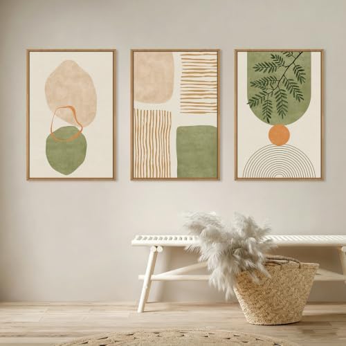 Boho Sage Green Geometric Framed Canvas Wall Art Set-24"x36"x3 - Image 2