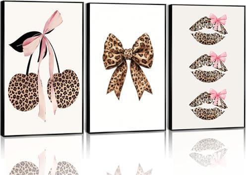 YZLYAD 3Pcs Trendy Leopard Print Wall Art, Fashion Bow Cherry Lips Y2k Poster by YZLYADWALLART