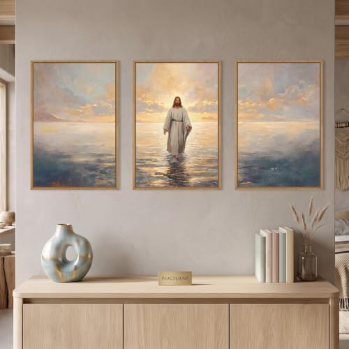Celestdeco Large Jesus Christian Framed Canvas Wall Art Set, Jesus Walking On - Image 3
