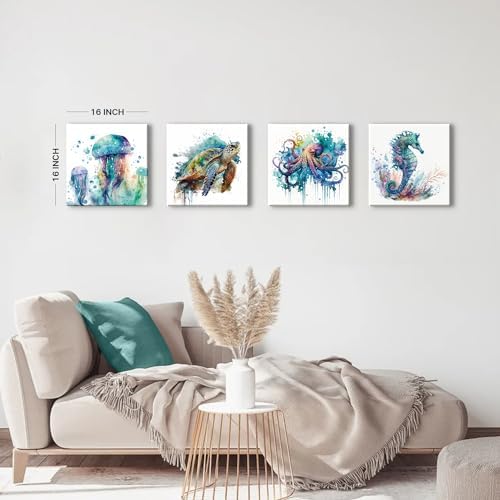Sea Turtle Bathroom Decor Ocean Animals Canvas Prints Teal Octopus Wall Art - Image 6