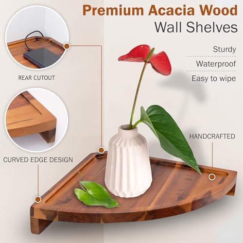 Demigo Round Floating Corner Shelves, Natural Acacia Wall Shelf - Image 4
