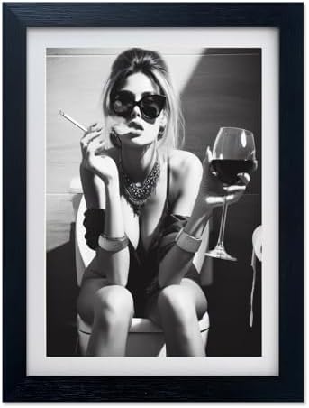 Framed Girl on Toilet Wall Decor, Woman on Toilet Smoking and Drinking Wine by Fangfey+Art