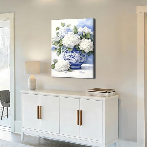 ZERILYN Ship Next Day Blue and White Hydrangea Wall Art Canvas Prints Floral - Image 3