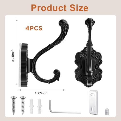 Zonon 4 Pcs Black Vintage Antique Coat Hooks Wall Mounted - Image 2