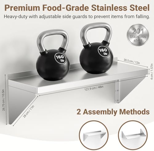 Stainless Steel Wall Shelf 12"x48" 2 Pack, Reversible Brackets - Image 3