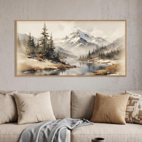 Boho Misty Mountain Watercolor Framed Canvas Wall Art Set -20"x40" by Ausril