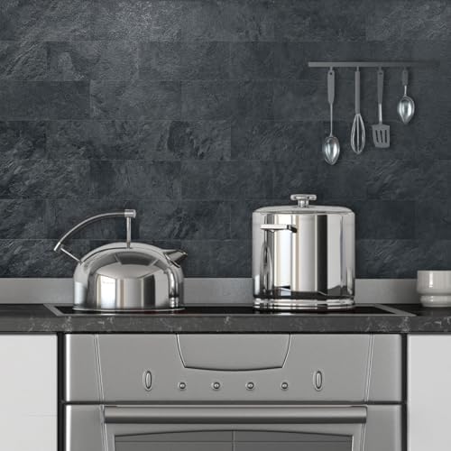 AULIGET 6" x 12" Black Slate Peel and Stick Backsplash Wall Tiles, PVC Faux - Image 3