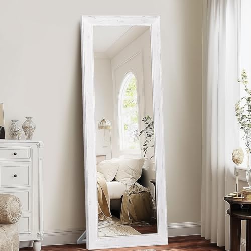 65x22in Full Length Mirror, Rustic White Beveled Wood Frame - Image 6