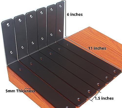 24 Pack - L 11" x H 6" x W1.5, 5mm Thick Black L Shelf Bracket, Iron Shelf - Image 2