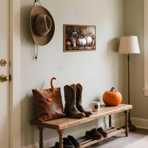 Framed Vintage Fall Pumpkin Canvas Wall Art, Rustic Farmhouse Autumn Paintings - Image 4