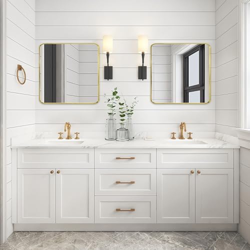 Gold Bathroom Mirror 30x30in, Metal Framed Rounded Rectangle Wall - Image 3