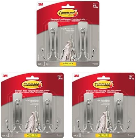 Command Large Brushed Nickel Double Hooks, 2 Hooks and 2 Strips, Damage Free by Command