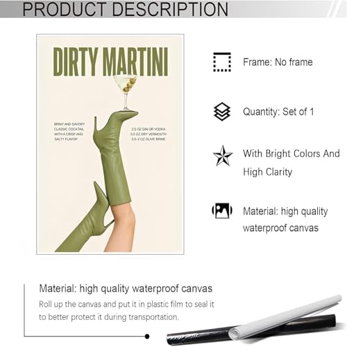 Green Cowgirl Boots Canvas Wall Art Trendy Olive Martini Print Poster Preppy - Image 2