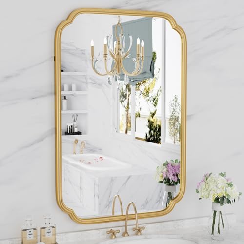 Ferytange Gold Bathroom Mirror for Wall 20" x 30" Modern Rounded Corner by FerytangeHome