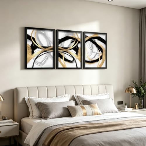 LYYGLYY 3Pcs Black Framed Abstract Black Gold Canvas Wall Art 16x24 Inch - Image 4