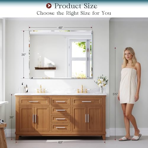 36"x48" Frameless Bathroom Mirror, Beveled Bathroom Vanity Mirror - Image 2