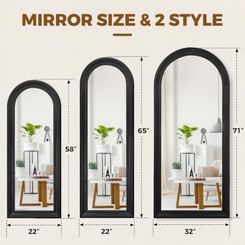 58x22 Solid Wood Arched Full Length Mirror, Elegant Black Finish - Image 2
