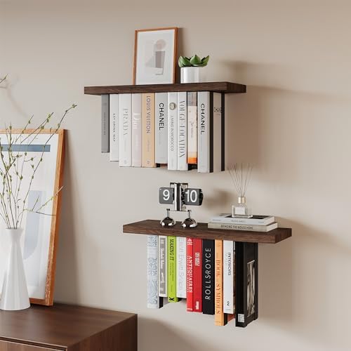 Floating Bookshelves for Wall, Rustic Wood Hanging Wall Bookshelf, Upside Down - Image 2