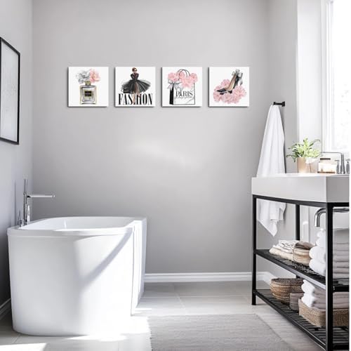 4 Pcs Pink Fashion Women Wall Art Pink Flowers Perfume High Heel Wall Decor - Image 6