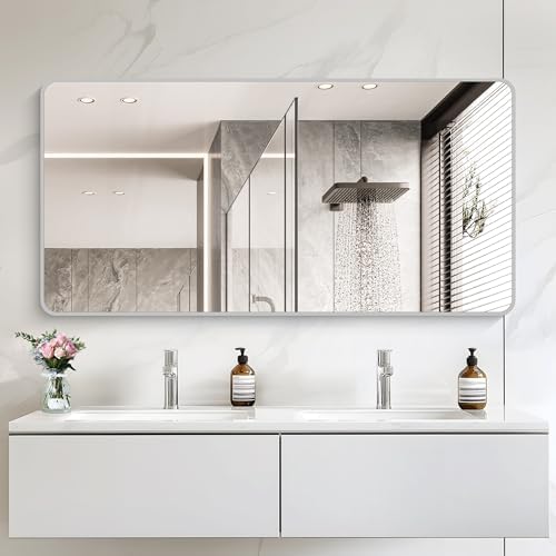 30x60 Inch Silver Bathroom Mirror, Large Rectangular Vanity Mirror, Metal - Image 2