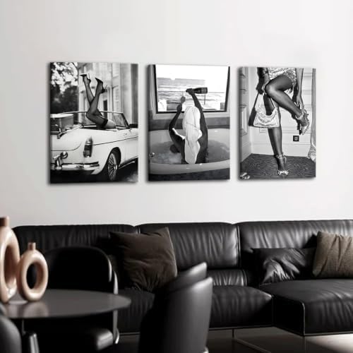 Black and White Vintage Canvas Wall Art High Heels Retro Car Bathtub Woman - Image 7