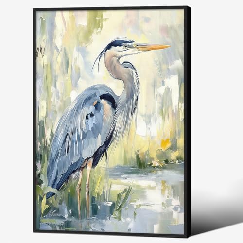 Blue Heron Canvas Wall Art Watercolor Sea Bird Poster 24X36 inch Black Framed by Unknown
