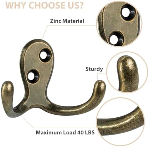 Homanu 10 Pack Antique Brass Double Prong Coat Hooks - Image 4