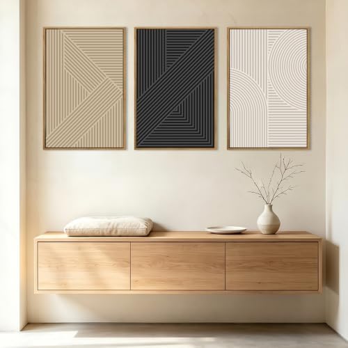 Large Neutral Abstract Wall Art Decor Framed Mid Century Modern Canvas by BINCUE