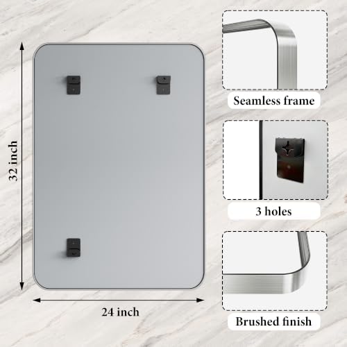 Matte Silver Metal Framed Vanity Rounded Rectangle Bathroom 24X32 Inch Mirrors - Image 2